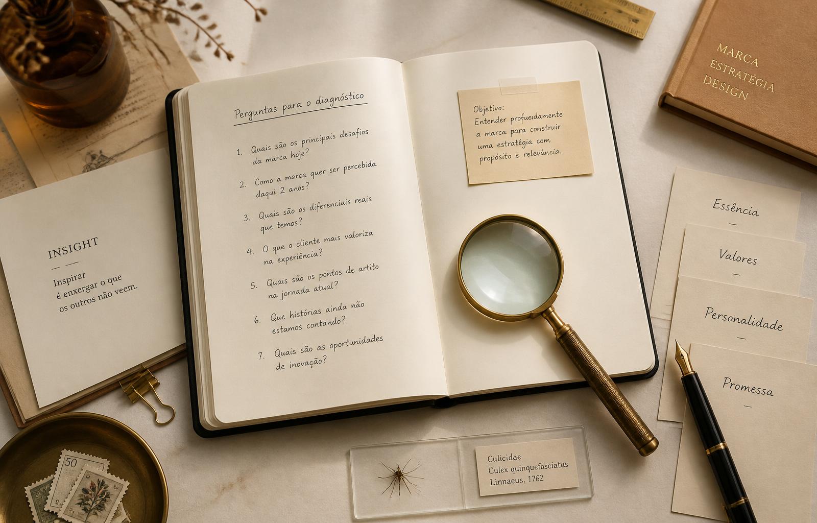 Bancada de diagnóstico com caderno, lupa e perguntas manuscritas