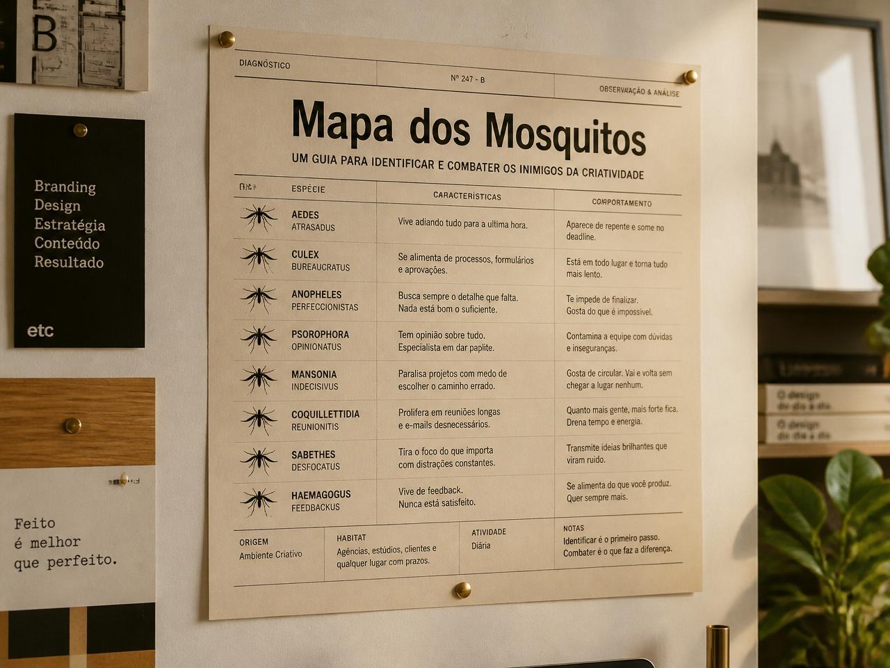 Mapa dos Mosquitos impresso pregado na parede de um estúdio